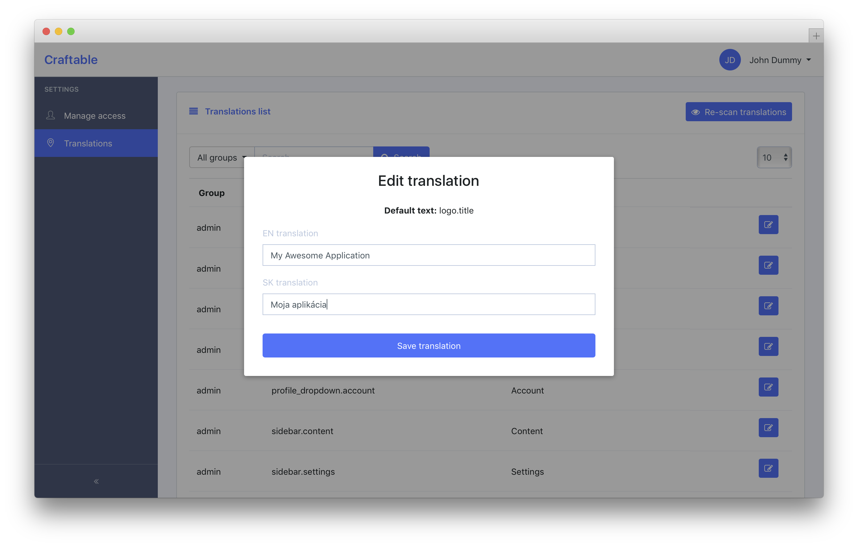 Admin Translations edit form